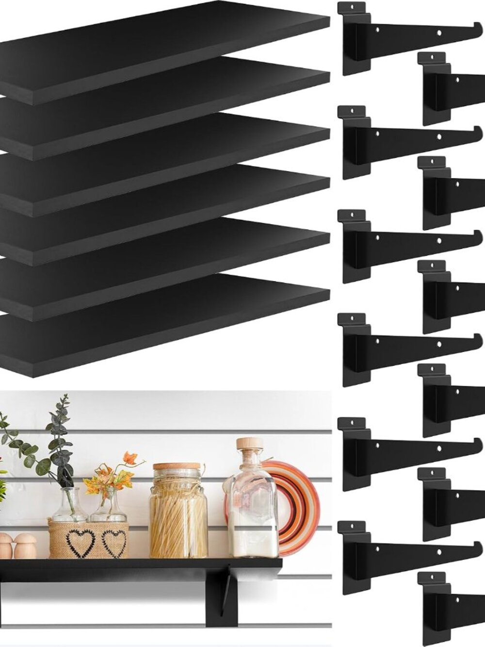 6 Pack Wooden Slatwall Shelf, 15.7" x 6" Slat Wall Shelves with Metal Brackets H